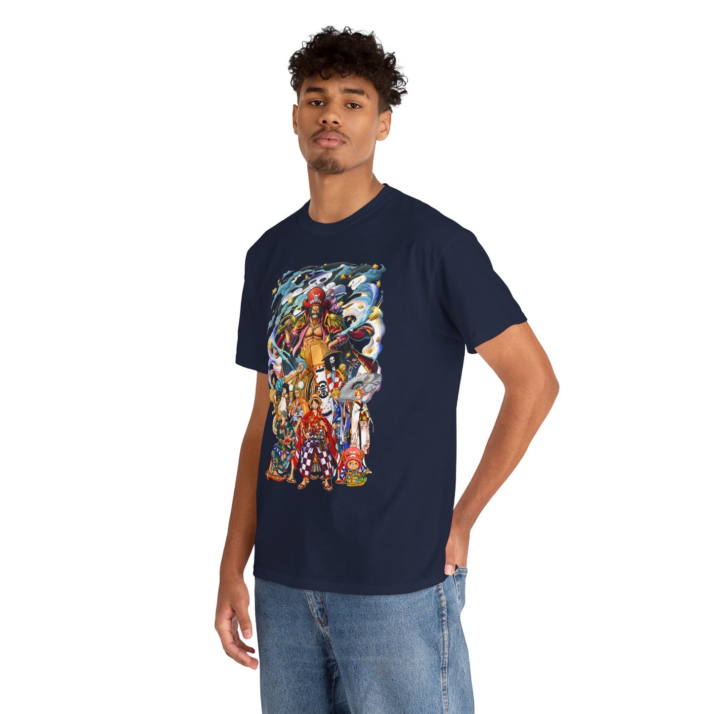 Luxury navy men's T-shirt featuring a dynamic anime design, showcasing a vibrant array of characters in intricate detail, perfect for anime enthusiasts and trendsetters.