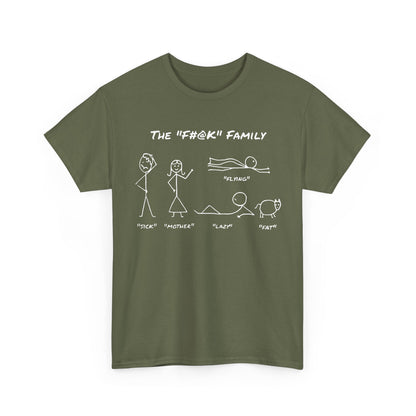 Front view of the stylish olive green 'THE FAMILY' graphic tee featuring minimalist stick figures and playful labels such as 'SICK', 'MOTHER', 'FLYING', 'LAZY', and 'FAT', designed for comfort and sophistication.