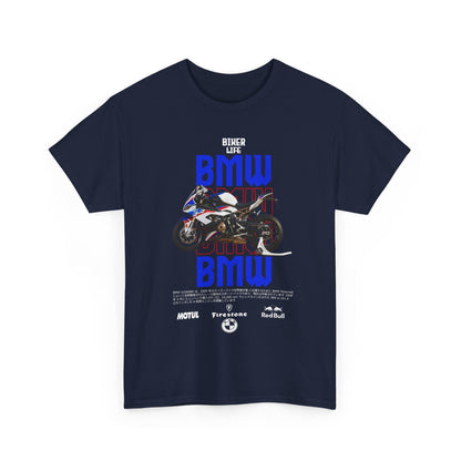 Stylish navy blue men's t-shirt adorned with a vibrant BMW S1000RR graphic, conveying a bold biker lifestyle and premium quality.
