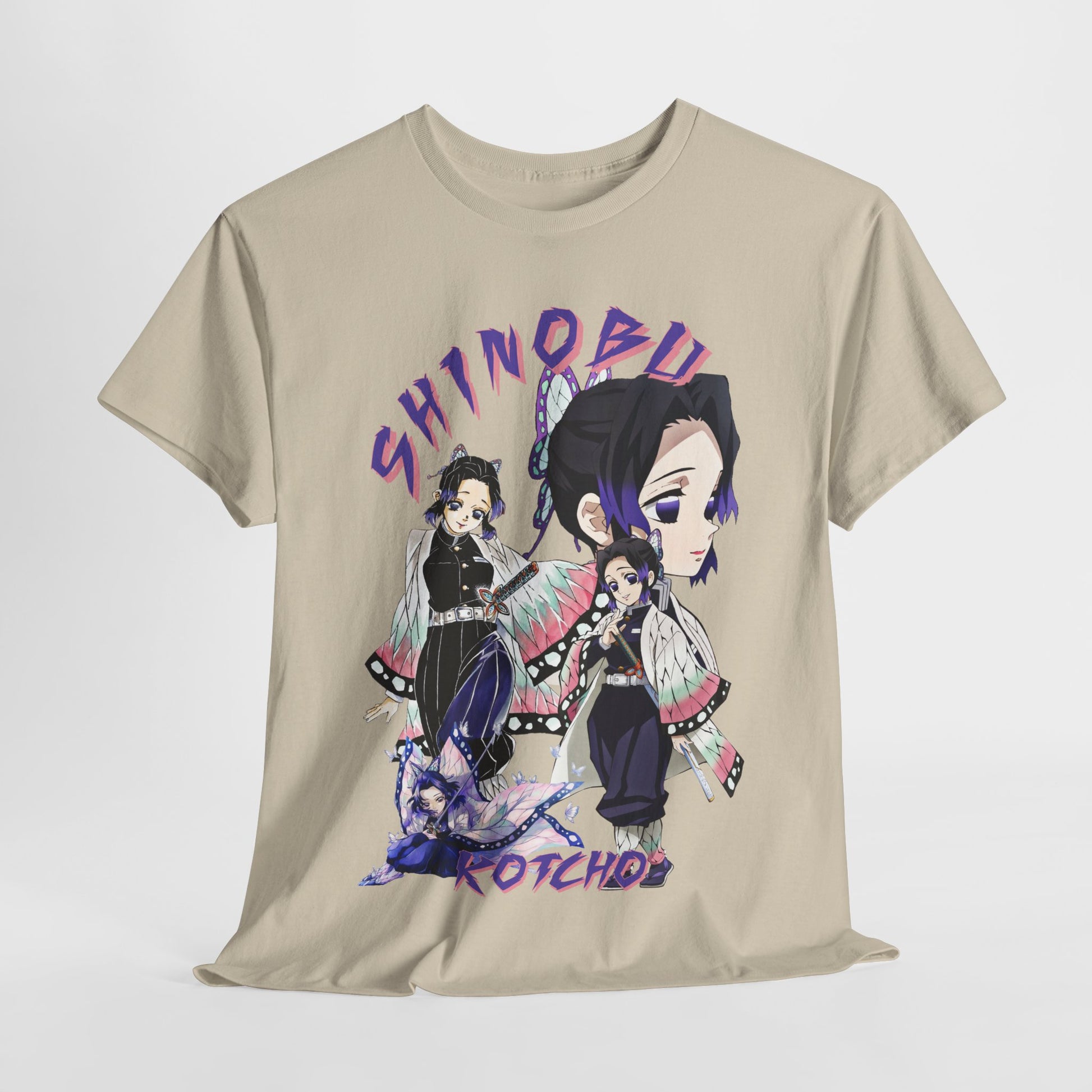 Stylish display of a premium Shinobu Kocho T-shirt with detailed anime artwork, ideal for fans of Demon Slayer seeking a fashionable addition to their wardrobe.