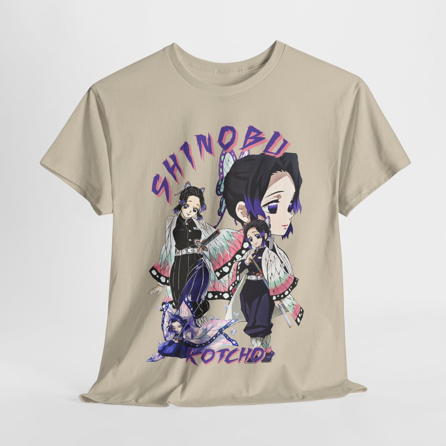 Chic front view of a beige t-shirt displaying captivating Shinobu Kocho artwork, perfect for casual and anime-inspired styling.