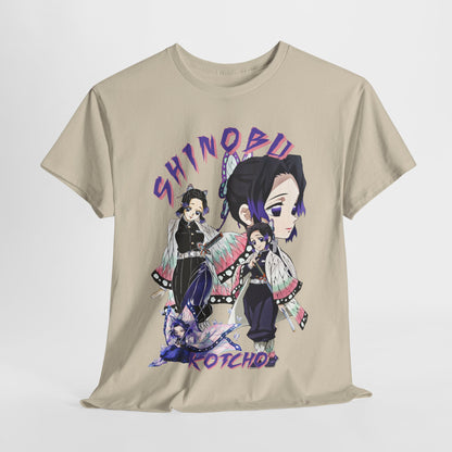 Chic front view of a beige t-shirt displaying captivating Shinobu Kocho artwork, perfect for casual and anime-inspired styling.