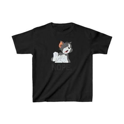Luxury unisex graphic tee shirt for kids featuring Tom from Tom & Jerry with a playful ‘NOPE.’ design on a black background, ideal for stylish casual wear.