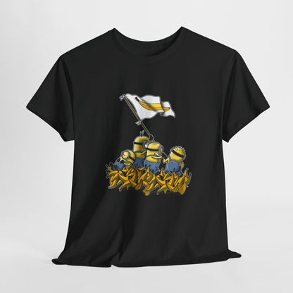 Minions Iwo Jima Unisex Mens Women's Graphic Funny T Shirt Tee, featuring a creative design with four Minions holding a banana flag atop a pile of bananas. Perfect for fans of humour and the Minions franchise. T Shirt, Funny, Minions.