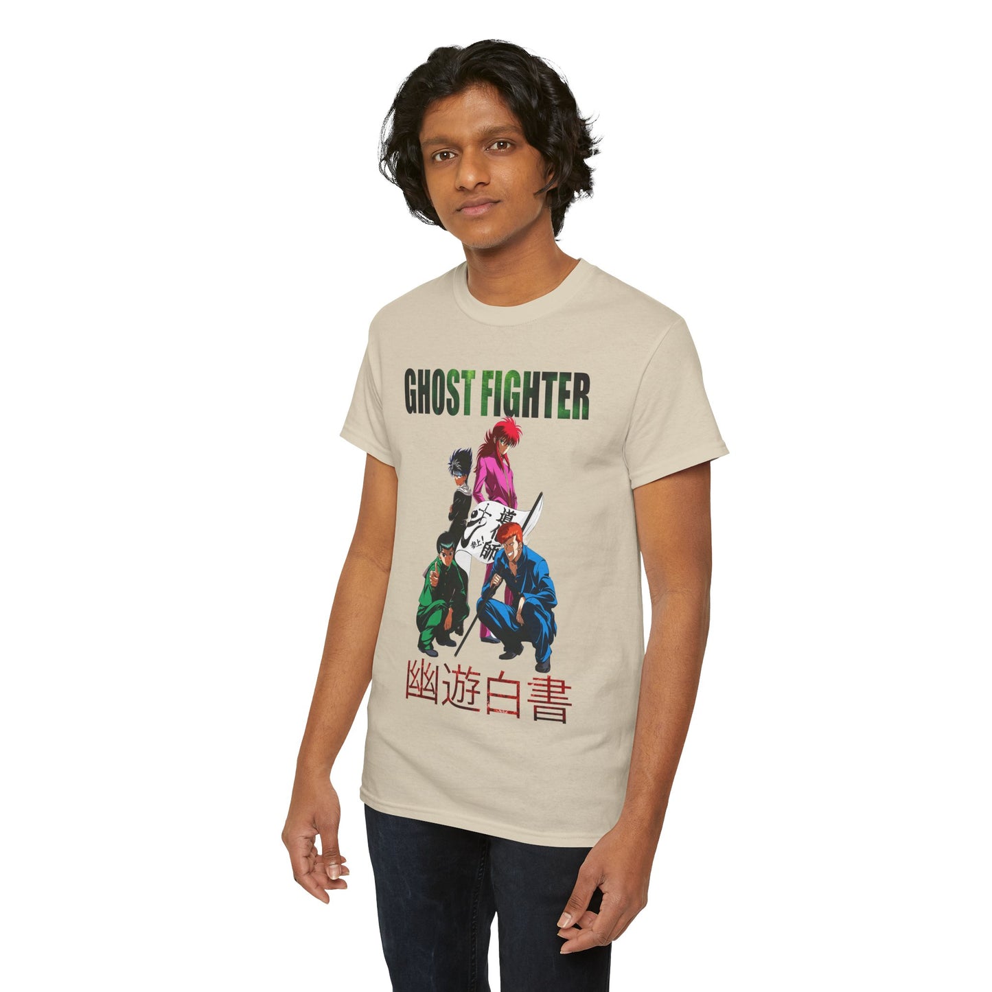 Chic Ghost Fighter graphic T-shirt showcasing iconic anime characters, designed for the discerning fashionista who appreciates quality and contemporary aesthetics.