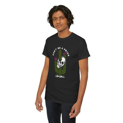 Stylish male model wearing a chic black t-shirt adorned with a striking cactus and skull graphic, boasting the motto 'DON'T BE A PRICK', perfect for a contemporary casual look.