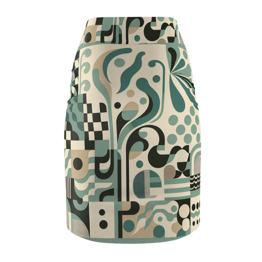 Vivienne Starlight Multifaceted AOP Pencil Skirt in Pastel Green - Abstract Block Print Elegance featuring contemporary design with organic shapes and checkerboard patterns.