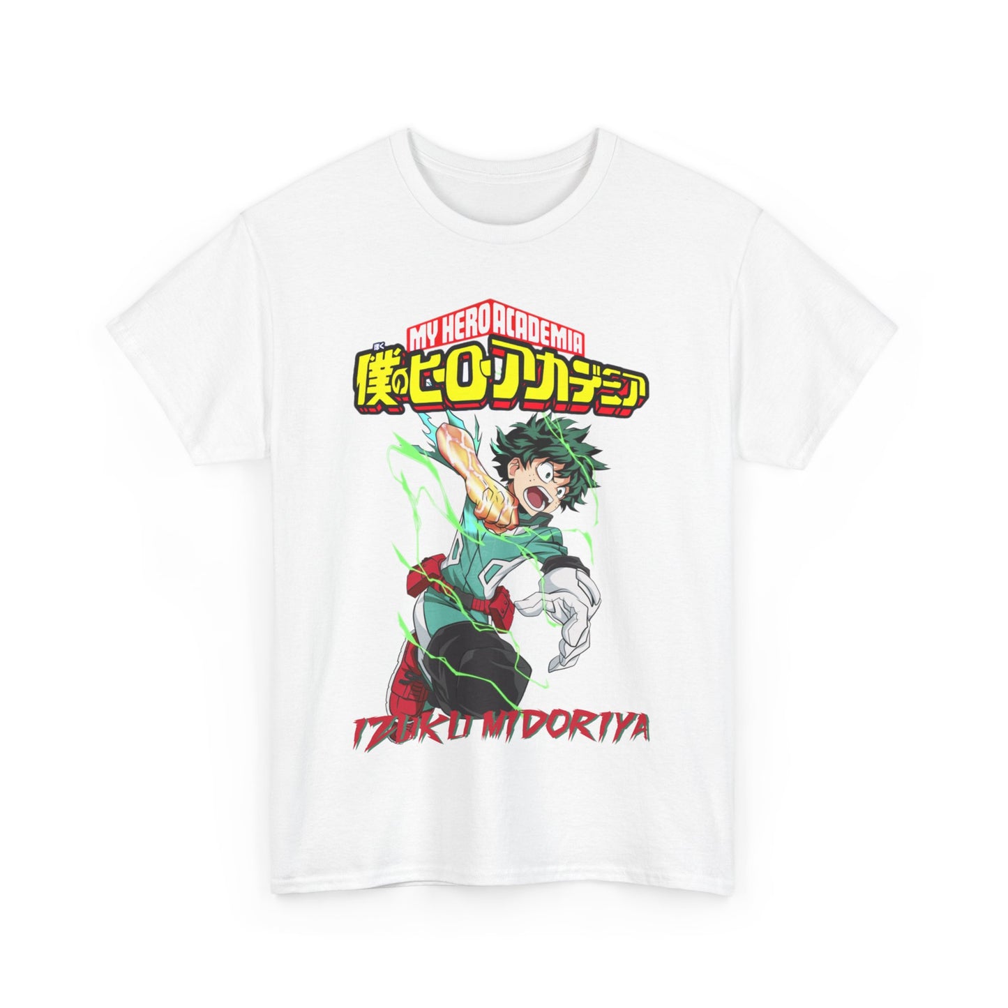 Elegant white Izuku Midoriya T-shirt featuring vibrant artwork from My Hero Academia, showcasing the bold hero in action with electric-green accents.