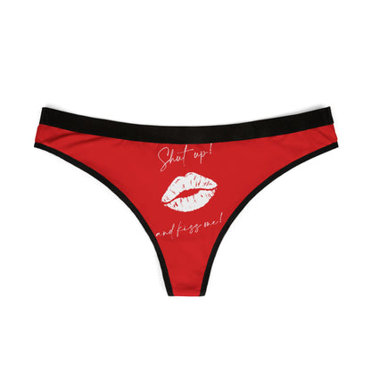 Stylish red women's thong showcasing a cheeky message and a kiss graphic, perfect for adding a hint of romance to lingerie collections.