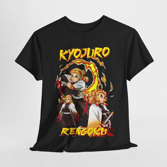 Luxurious black Kyojuro Rengoku anime t-shirt featuring a vibrant graphic design showcasing the Flame Hashira surrounded by swirling flames, an exquisite blend of art and style for the discerning anime enthusiast.