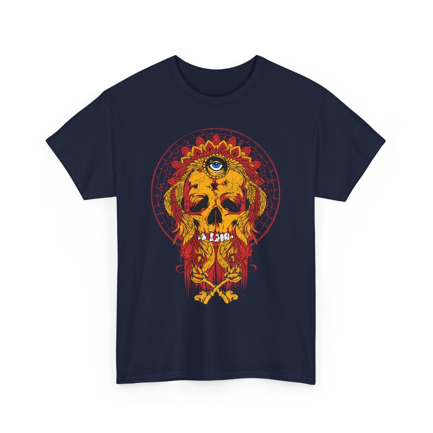 Striking front view of an intricate skull graphic t-shirt, featuring vibrant colours and unique design elements, embodying artistic expression and a bold attitude.