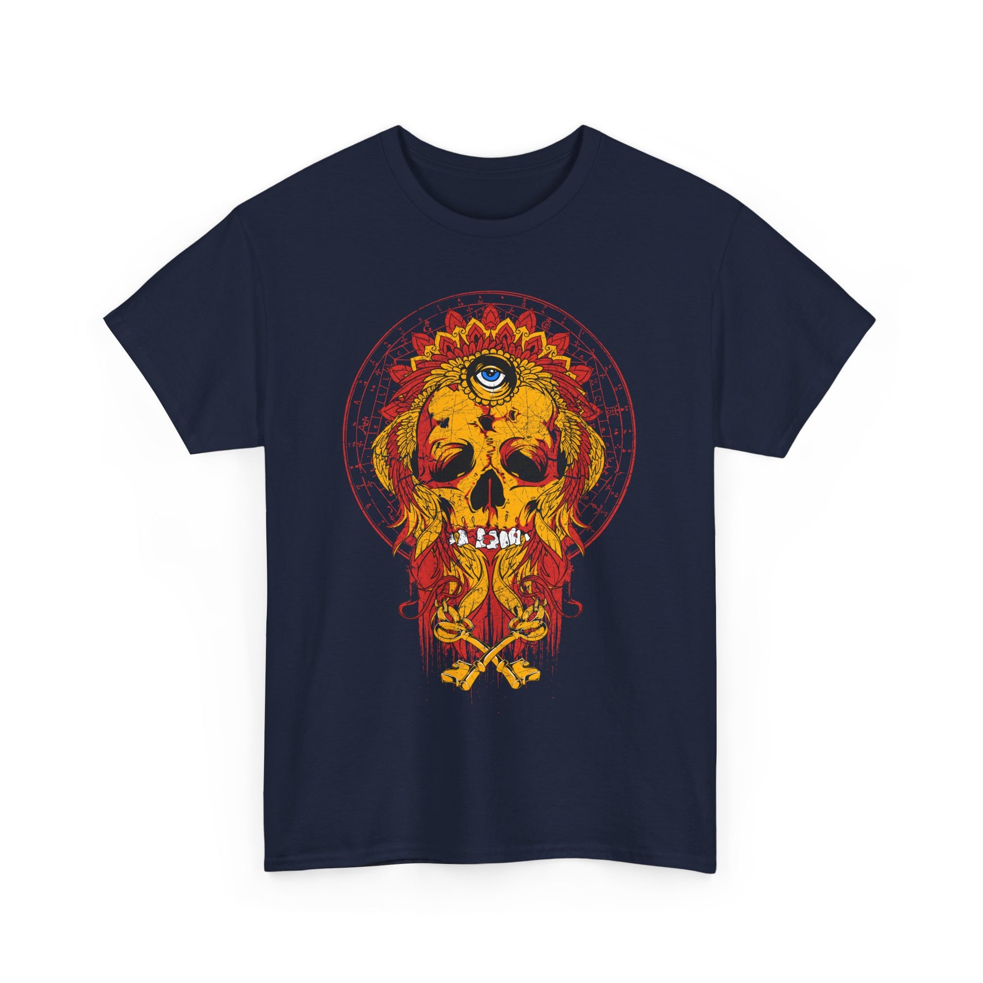 Striking front view of an intricate skull graphic t-shirt, featuring vibrant colours and unique design elements, embodying artistic expression and a bold attitude.
