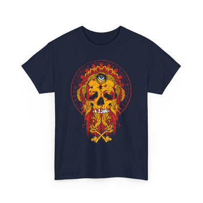 Striking front view of an intricate skull graphic t-shirt, featuring vibrant colours and unique design elements, embodying artistic expression and a bold attitude.