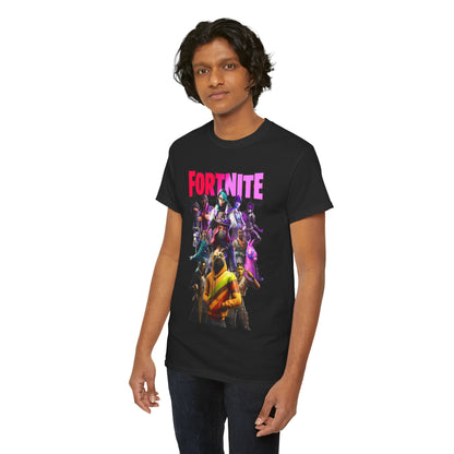 Luxury Fortnite Squad Drip T-Shirt featuring iconic characters in bold colours, embodying ultimate style and vibrant energy, modelled by a stylish individual.