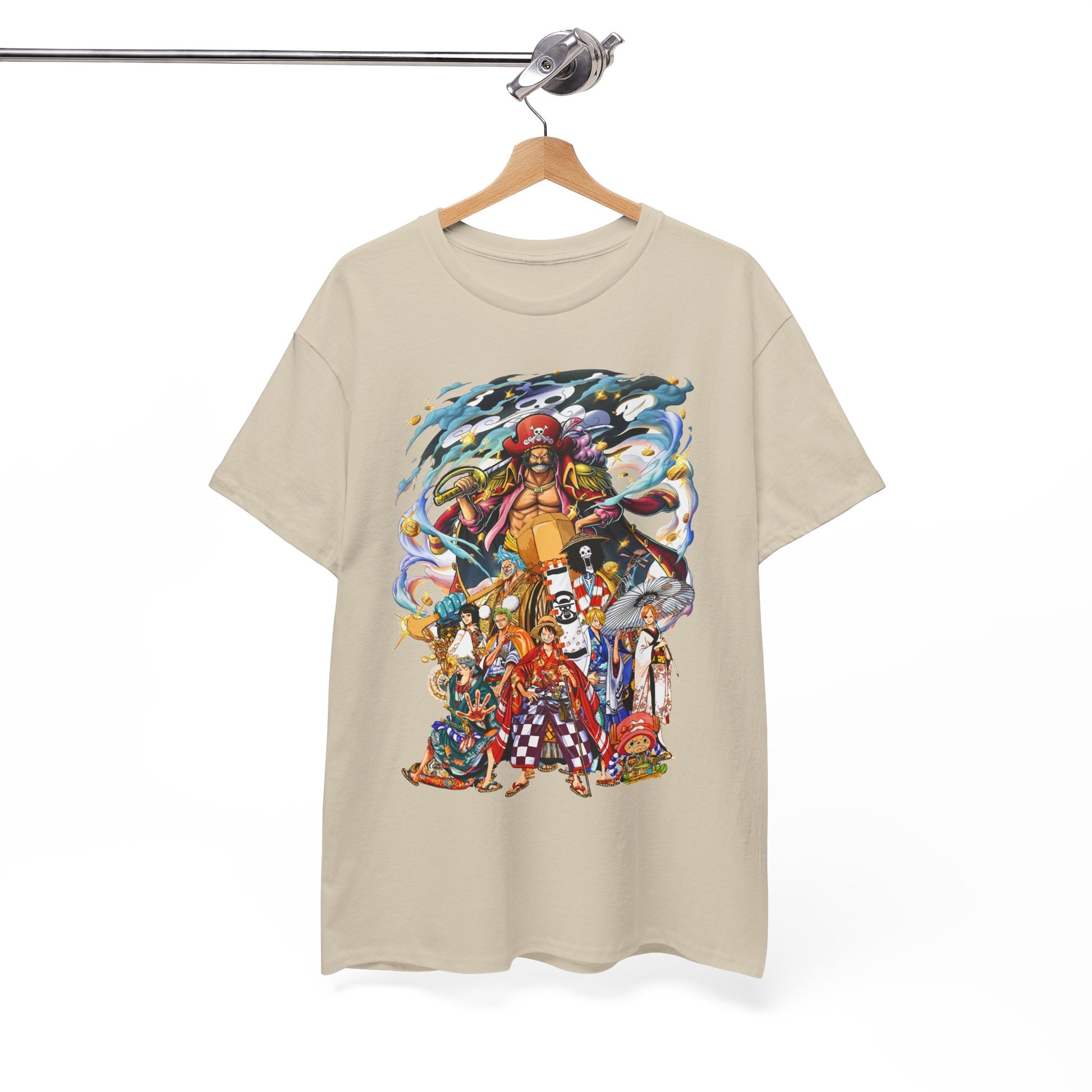Sophisticated beige T-shirt hung on a wooden hanger, showcasing an elaborate design of a pirate with multiple anime characters, capturing the essence of adventure.
