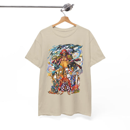 Sophisticated beige T-shirt hung on a wooden hanger, showcasing an elaborate design of a pirate with multiple anime characters, capturing the essence of adventure.