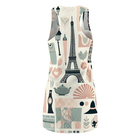 Close-up view of the Vivienne Kestrel Paris Dress's unique design showcasing pastel geometric shapes and iconic Parisian elements like croissants and street lamps.