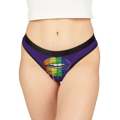 Luxury women's graphic thong featuring vibrant rainbow lips design, perfect for playful romance and festive celebrations.