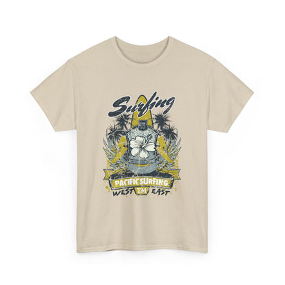 Chic beige graphic t-shirt adorned with a tropical surf motif, hibiscus, and elegant typography, capturing the essence of coastal extravagance.