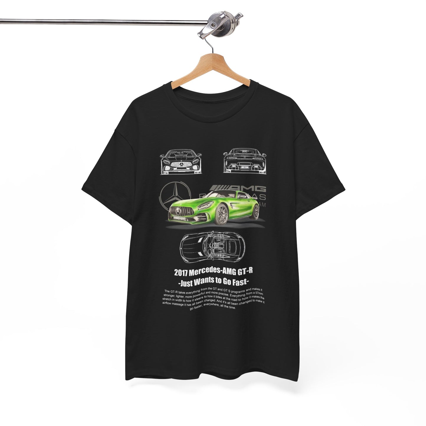 Stylish black t-shirt hanging on a display, highlighting a prominent green Mercedes-AMG GT-R design, perfect for those who appreciate luxury performance.