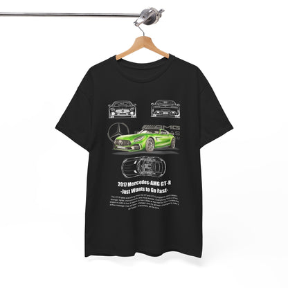 Stylish black t-shirt hanging on a display, highlighting a prominent green Mercedes-AMG GT-R design, perfect for those who appreciate luxury performance.