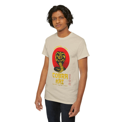 Stylish unisex graphic T-shirt showcasing the Cobra Kai logo, designed for comfort and a trendy aesthetic, ideal for fans of the series.