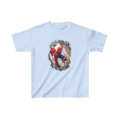 Sophisticated Unisex Kids Spider-Man Cotton T-Shirt in light blue, emblazoned with a dynamic Spider-Man graphic breaking through a wall, perfect for fashion-forward kids.