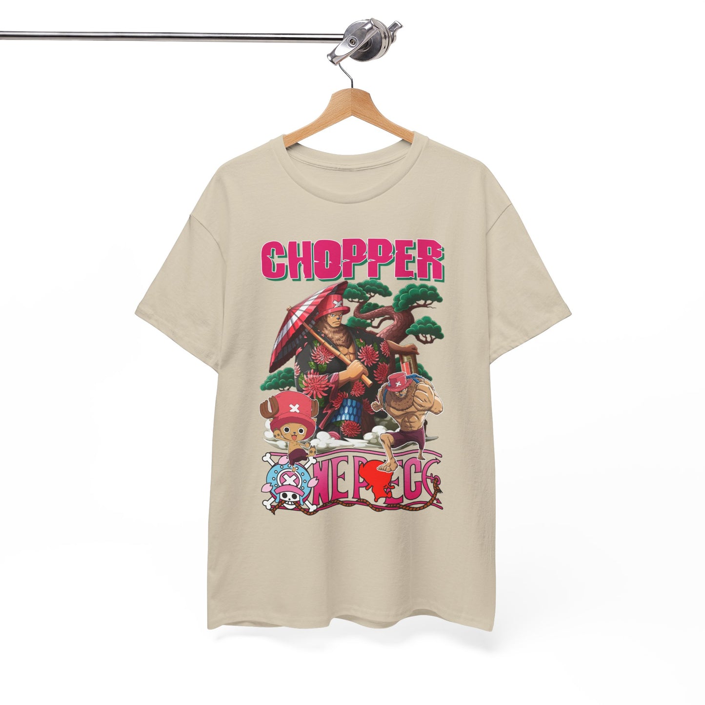 Stylish beige Chopper anime graphic tee elegantly displayed on a wooden hanger, highlighting the intricate design and premium quality.