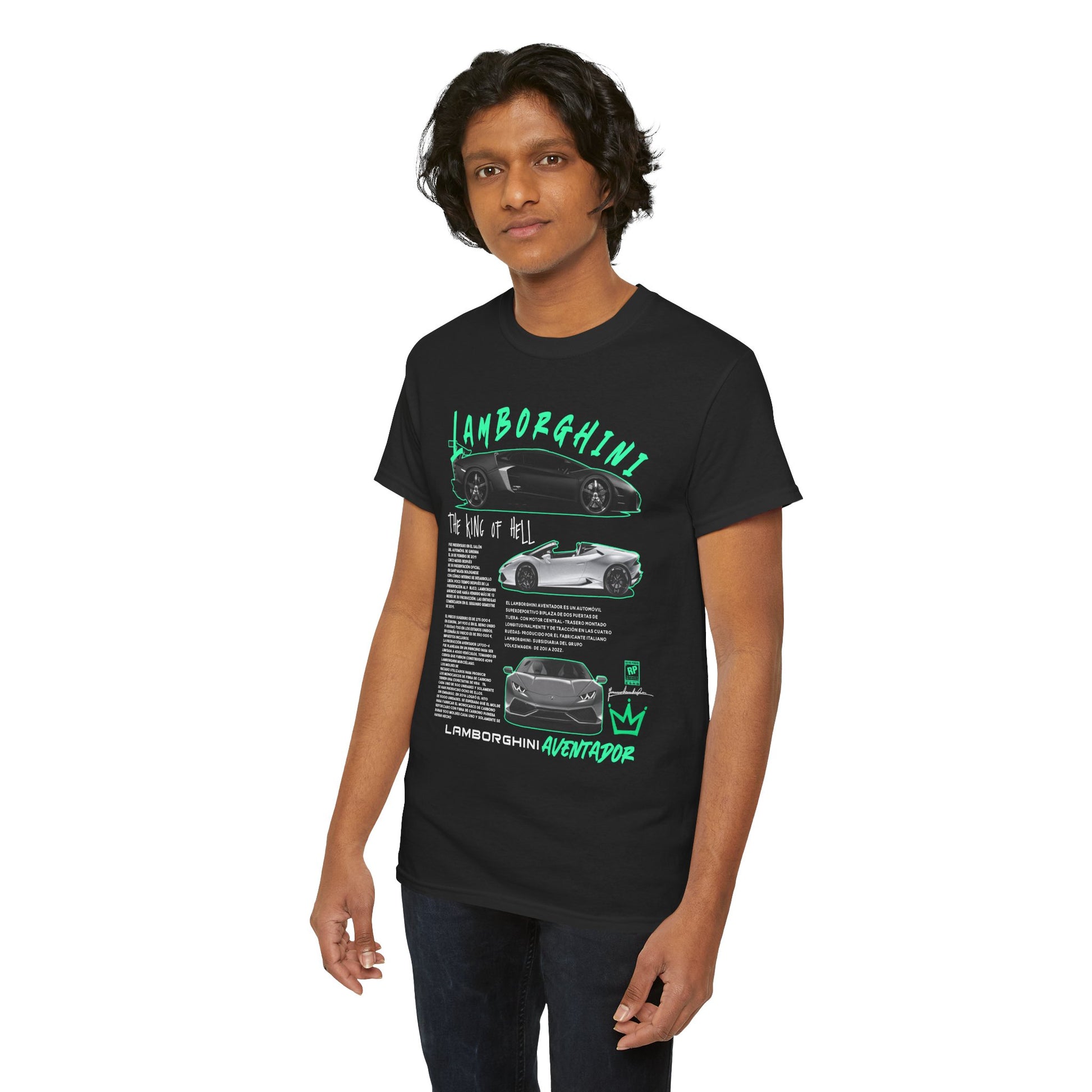 Stylish black Lamborghini Aventador Men's T-Shirt adorned with artistic illustrations of the Aventador, evoking a sense of automotive excellence and luxury with the phrase 'The King of Hell' prominently displayed.