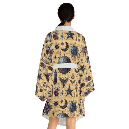 Women's Floral Kimono Robe showcasing a luxurious boho chic design with intricate floral and celestial patterns on a soft yellow background, perfect for designer lounge wear and elegant relaxation.