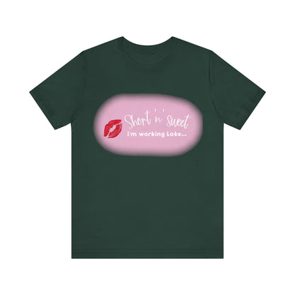 Sabrina Carpenter Inspired Unisex Short Sleeve Tee in a sophisticated dark green tone, adorned with an elegant lipstick print, perfect for fashion enthusiasts.
