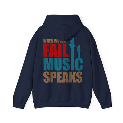 Luxurious navy blue hoodie featuring a striking back print of the phrase 'WHEN WORDS FAIL MUSIC SPEAKS' in bold typography, complemented by elegant guitar neck silhouettes.