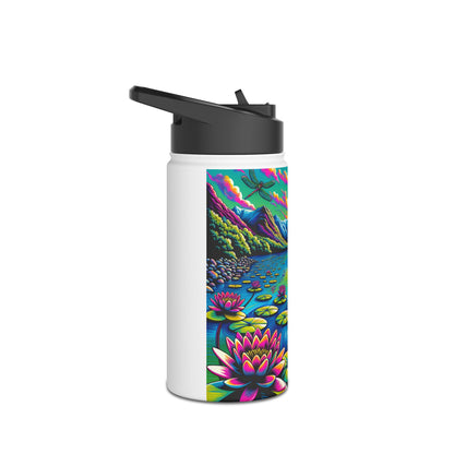 Fantasy Paddleboarding Stainless Steel Water Bottle featuring vibrant dragonfly and lotus flower design, perfect for stylish hydration during outdoor adventures.