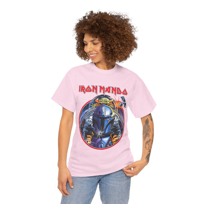 Fashionable individual wearing the Iron Mando Graphic Tee, radiating a chic vibe with a creative Mandalorian motif, suitable for stylish outings.