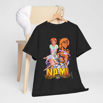 Elegant men's t-shirt displayed on a wooden chair, featuring Nami anime art from One Piece, designed for fans who appreciate premium style and artistic visuals.