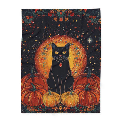 Exclusive Decorative and Warm Halloween Spooky Arctic Fleece Blanket displaying a beautifully detailed illustration of a black cat with pumpkins, enhancing your festive atmosphere.