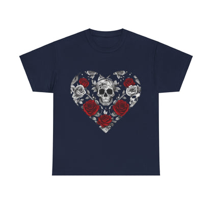 Skulls and Roses Cotton Tee - exquisite unisex graphic shirt in navy featuring an elegant design of skulls and roses in a heart shape, perfect for alternative fashion lovers.