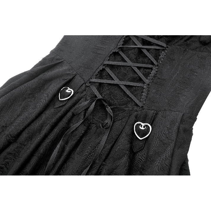 Detailed view of the heart-shaped hardware and exquisite lace detailing on the bodice of the goth dress.