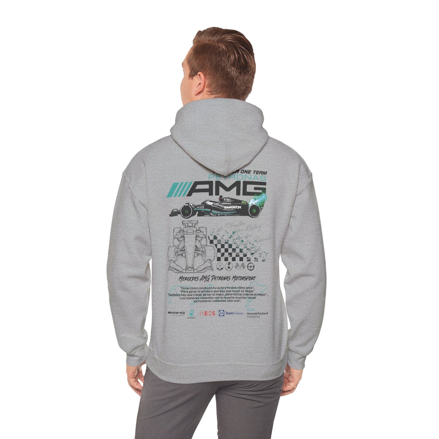 Sophisticated grey hoodie, elegantly displaying the Mercedes AMG Petronas F1 Racing Team graphic on the back, perfect for casual and sporty vibes.