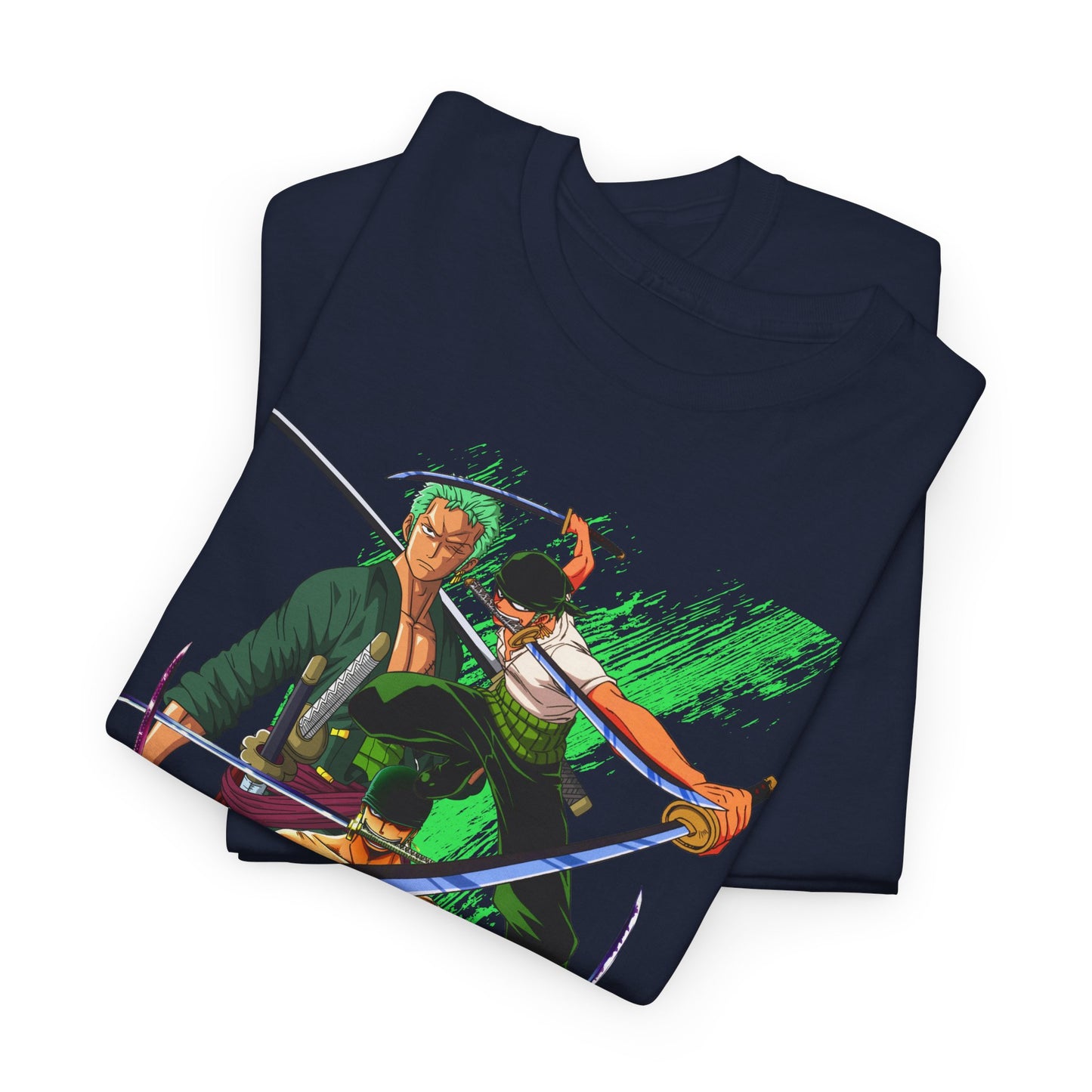 Luxurious navy blue t-shirt displaying iconic anime characters in a vibrant graphic design, ideal for One Piece fans seeking style in a comfortable fit.
