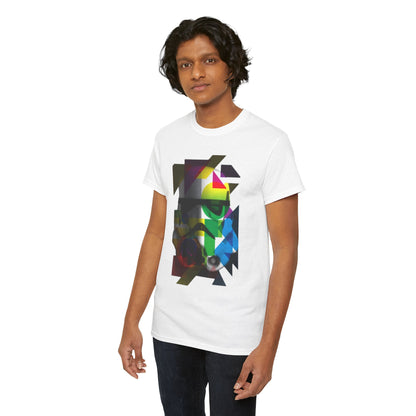 Sophisticated graphic cotton tee with a colourful Stormtrooper helmet print, elegantly worn by a fashion-forward individual against a clean backdrop.