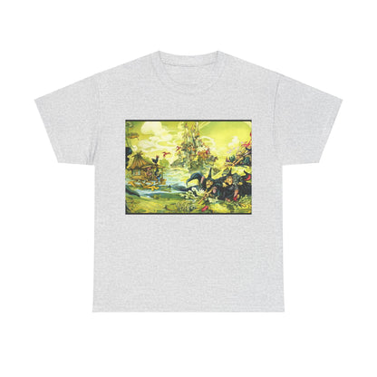 Discworld Witches Abroad Graphic Unisex T Shirt Tee featuring a vibrant print of whimsical witches in a fantastical landscape, showcasing artistic sorcery.