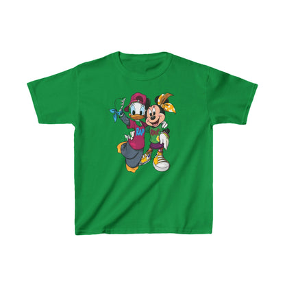 Child’s Daisy Duck & Minnie Mouse Graphic Unisex Tee Shirt Kids in lively green, portraying Daisy and Minnie in dynamic hip-hop fashion.