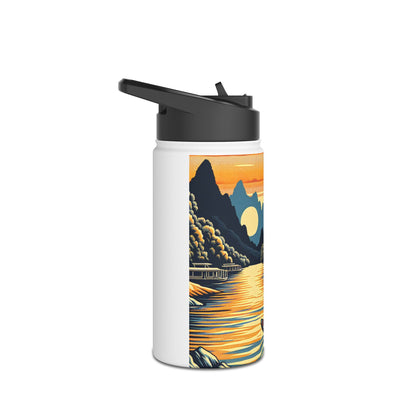 Elegant Fantasy Paddleboarding Stainless Steel Water Bottle featuring a stunning sunset and mountain landscape, perfect for luxury hydration during outdoor adventures.