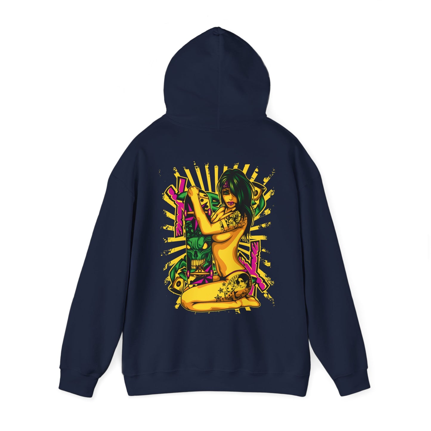 Elevate your style with the vibrant back print hoodie featuring a striking pop art design of a fearless woman with a skateboard, adorned with intricate tattoos and a bold colour palette on a rich navy background.