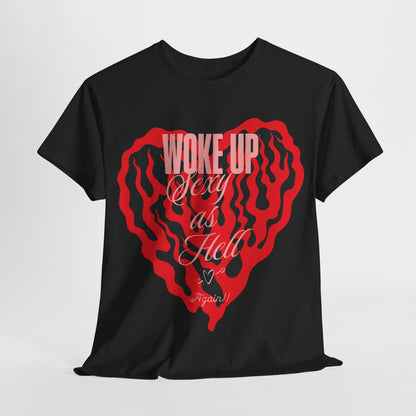 Woke Up Sexy Women's Graphic T-Shirt with Bold Heart Design, showcasing the striking red heart graphic on a sleek black background, ideal for adding flair to any outfit.