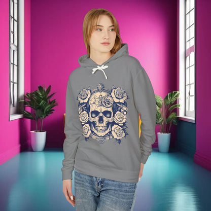 Stylish Steampunk Skull and Roses Lightweight Hoodie: Model displaying its intricate graphic design in a vibrant setting, perfect for a trendy look.