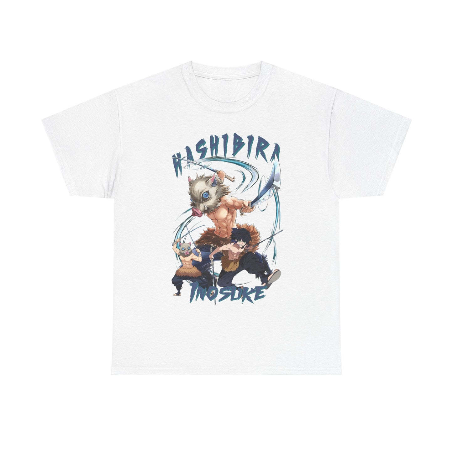 Luxurious Hashibira Inosuke Anime T-Shirt featuring bold graphic design of three dynamic characters, perfect for fashion-forward enthusiasts.
