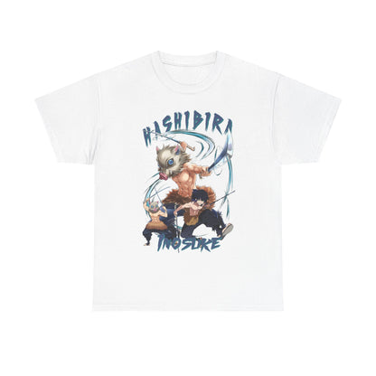 Luxurious Hashibira Inosuke Anime T-Shirt featuring bold graphic design of three dynamic characters, perfect for fashion-forward enthusiasts.