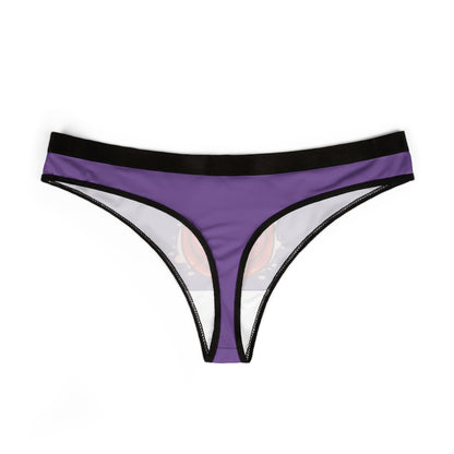 Elegant women's thong in rich purple with a stylish black trim, showcasing a whimsical graphic design on the rear, ideal for intimate moments and playful celebrations.